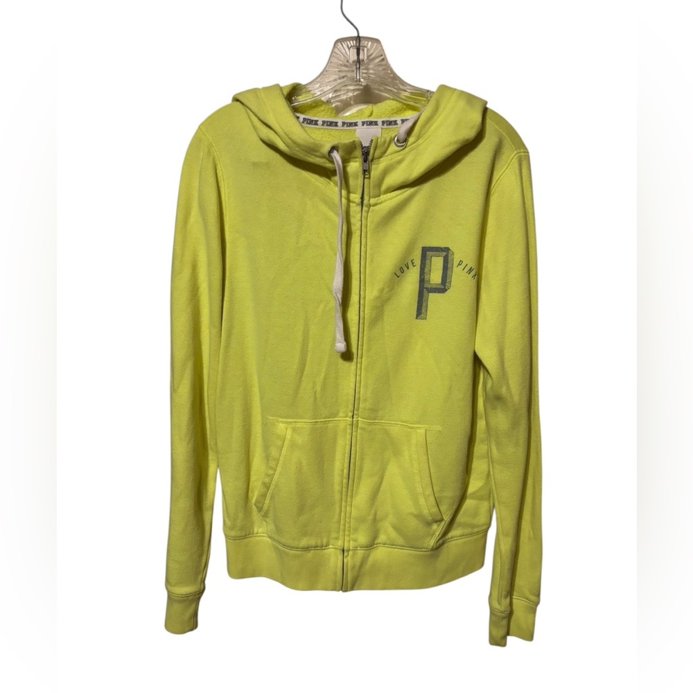 Neon Yellow PINK Victoria’s Secret Zip-Up Hoodie Size M EUC